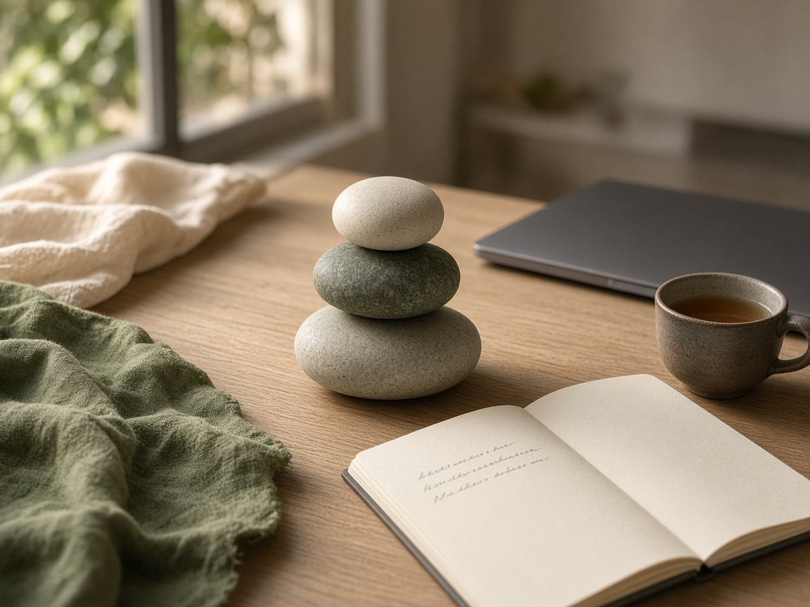Three stones, a notebook, and a laptop